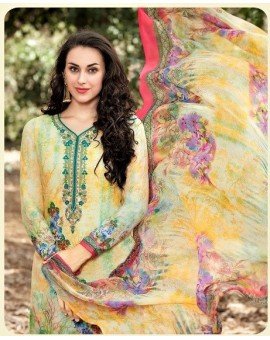 Salwar Suit- Pure Cotton with  Embroidery and Self Print - Lime and Green  (Un Stitched)